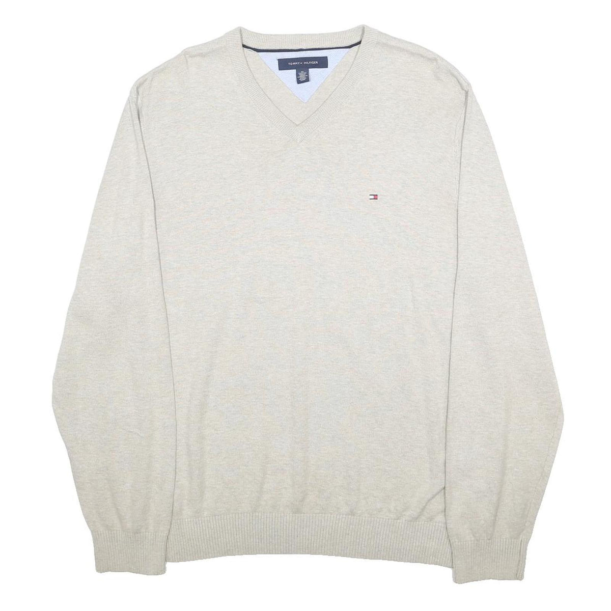 TOMMY HILFIGER Mens Beige Jumper Plain V-Neck Basic Knit XL Cotton Casual