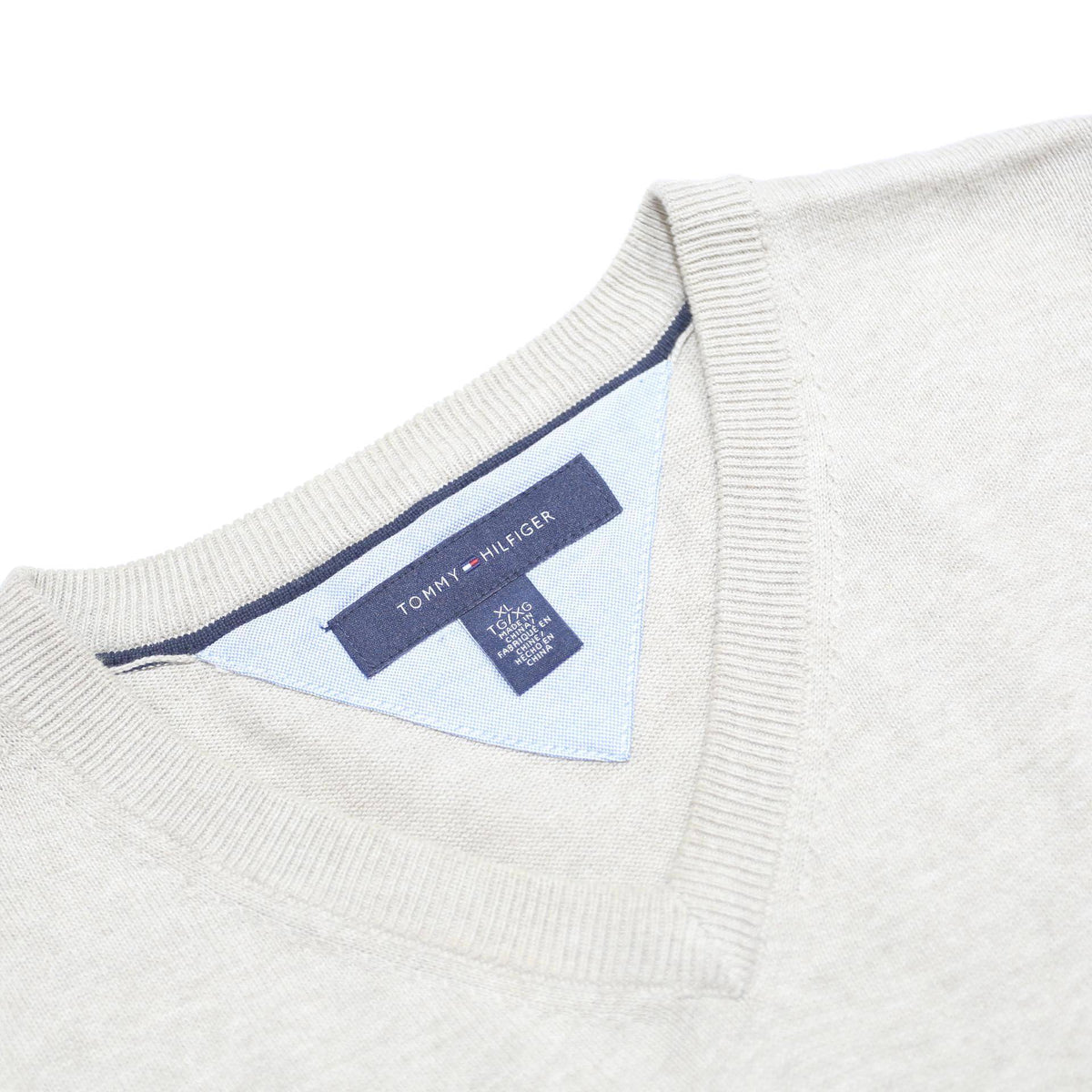 TOMMY HILFIGER Mens Beige Jumper Plain V-Neck Basic Knit XL Cotton Casual
