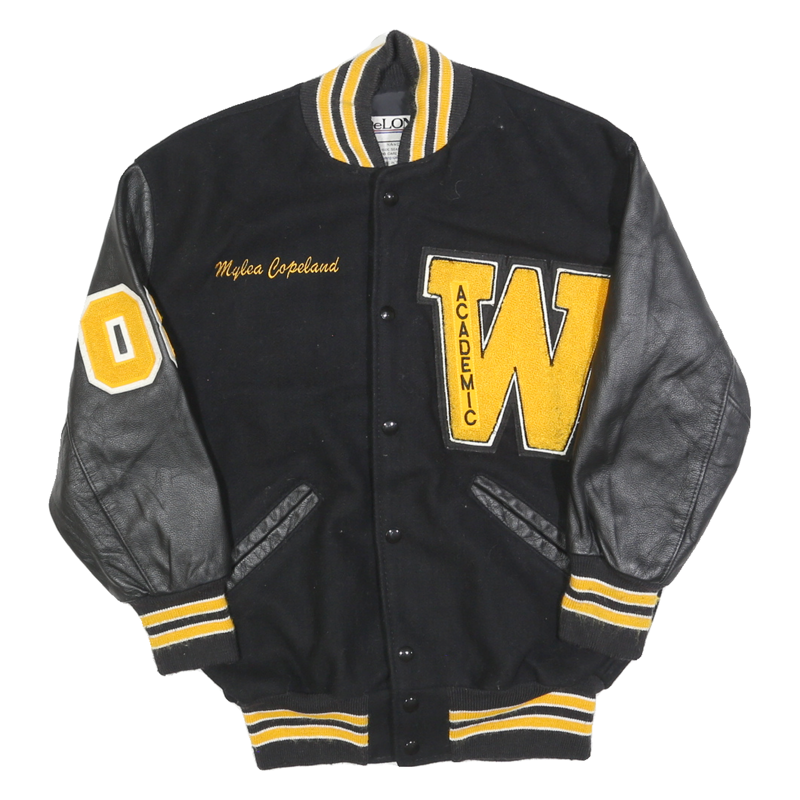 DELONG Mens Black & Yellow Academic Wool Varsity Button Jacket M