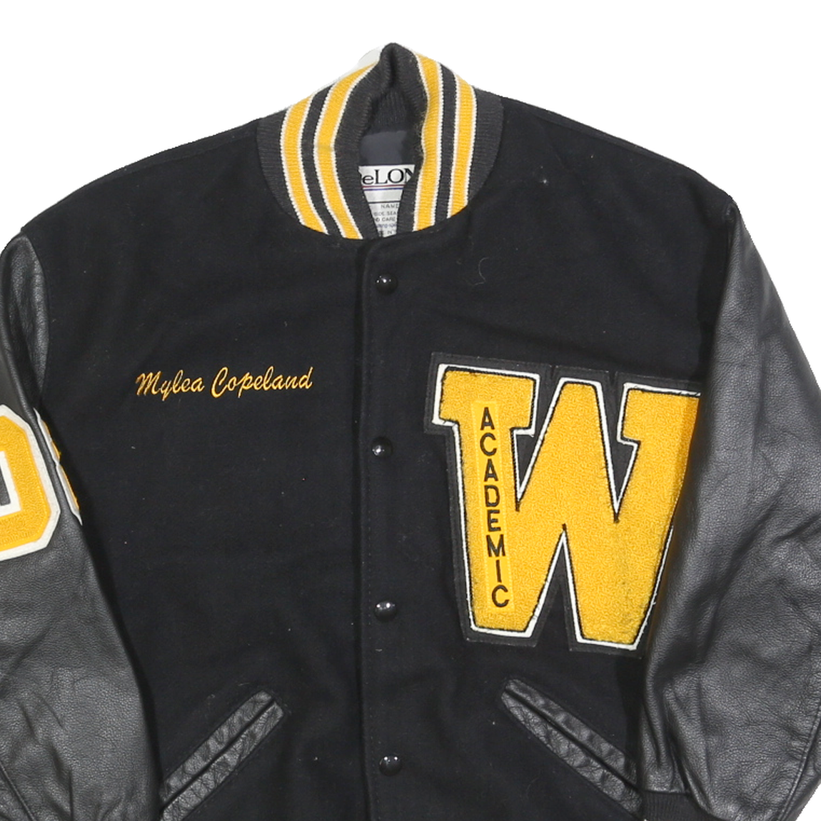 DELONG Mens Black & Yellow Academic Wool Varsity Button Jacket M