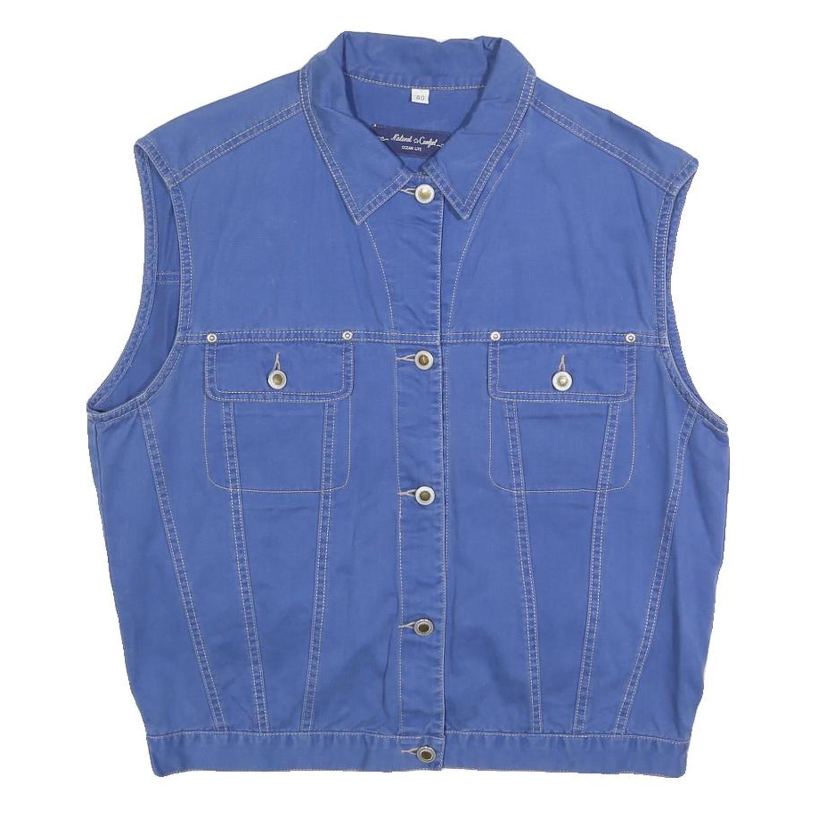 OCEAN LIFE Womens Blue Cotton Button Jacket L Sleeveless Pocketed Outerwear