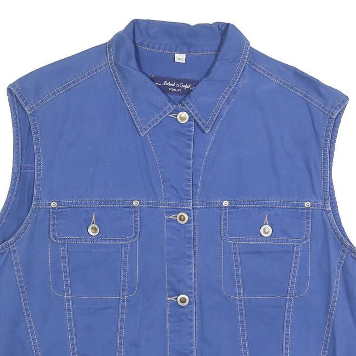 OCEAN LIFE Womens Blue Cotton Button Jacket L Sleeveless Pocketed Outerwear