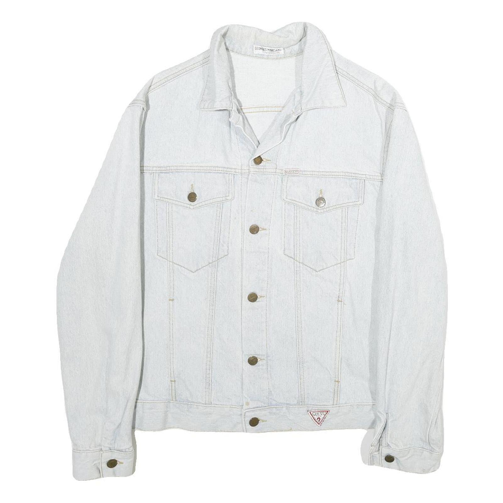GUESS Mens Light Blue Denim Jacket L Cotton Button Plain Casual Classic Fit