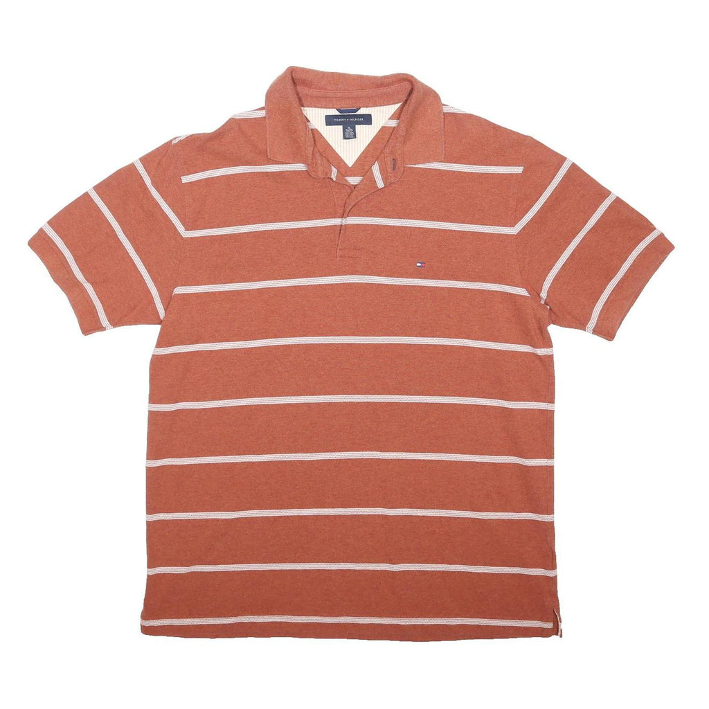 TOMMY HILFIGER Mens Rust & White Striped Short Sleeve Polo Shirt XL Cotton Blend