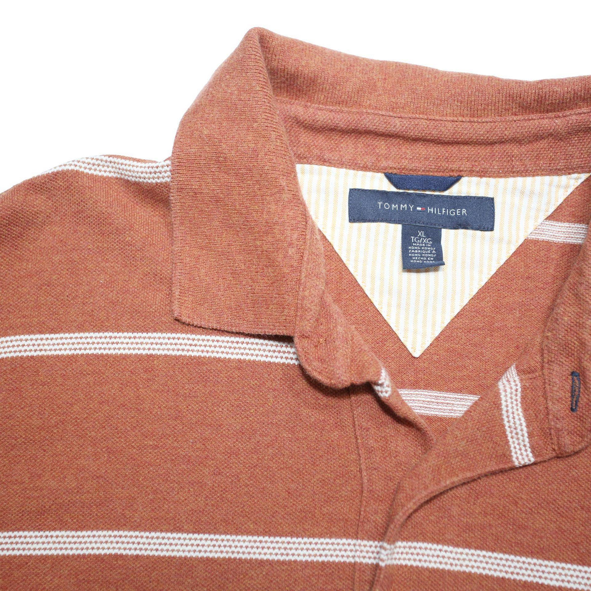 TOMMY HILFIGER Mens Rust & White Striped Short Sleeve Polo Shirt XL Cotton Blend