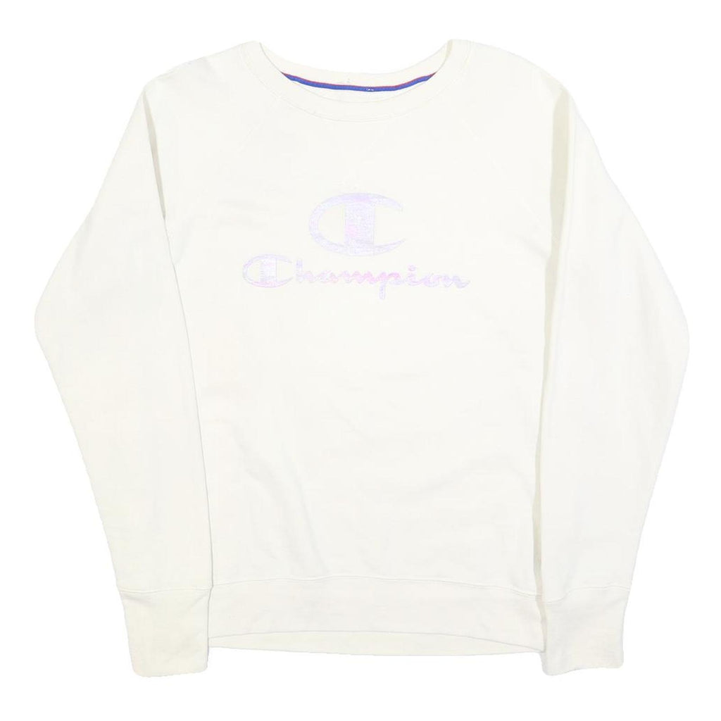 CHAMPION Womens White Crew Neck M Cotton Blend Logo Sweatshirt Pullover