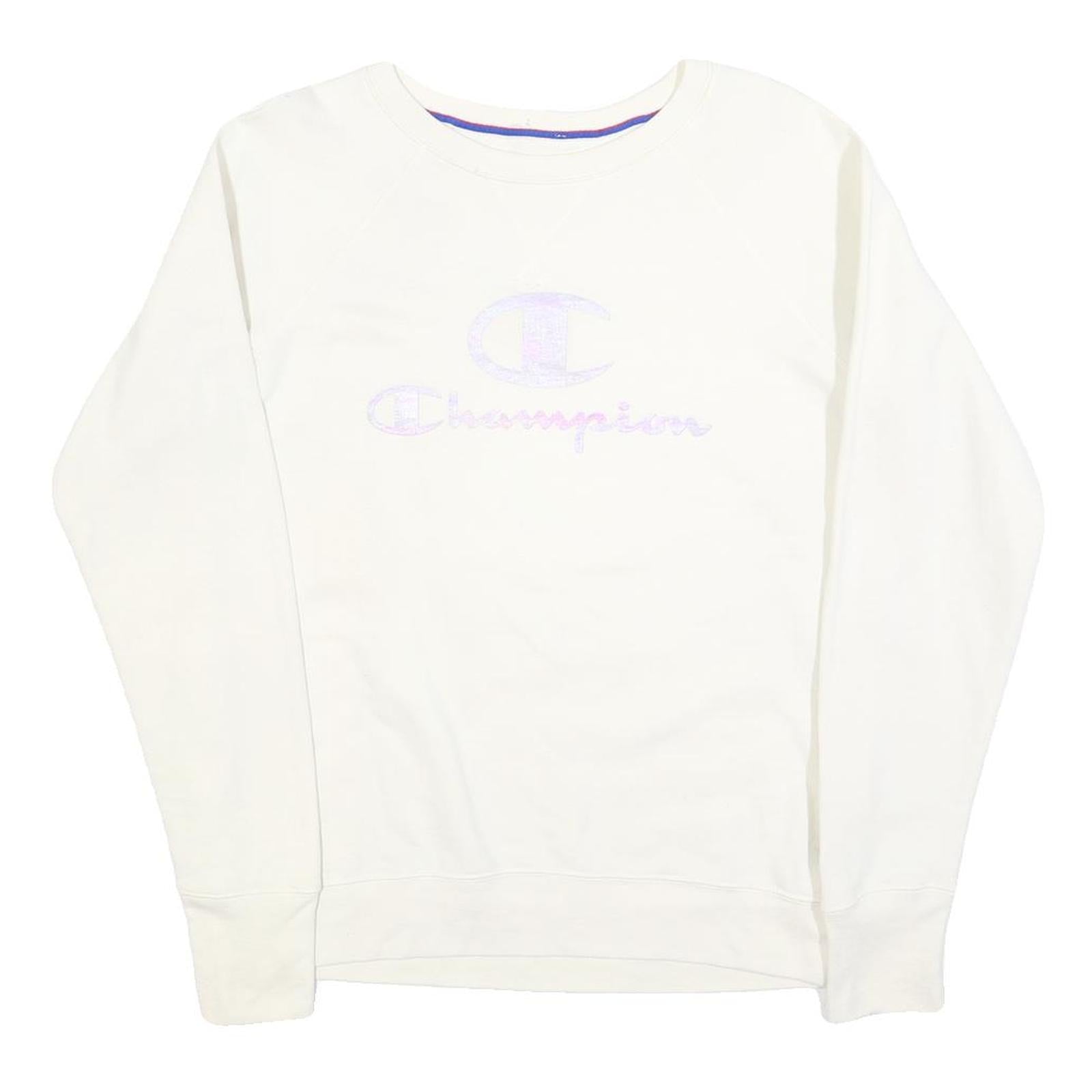 CHAMPION Womens White Crew Neck M Cotton Blend Logo Sweatshirt Pullover
