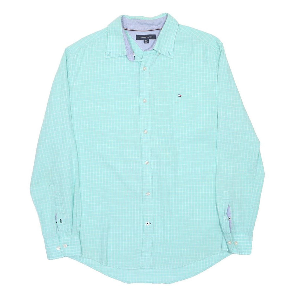 TOMMY HILFIGER Mens Blue Checked Shirt L Classic Cotton Long Sleeve Button