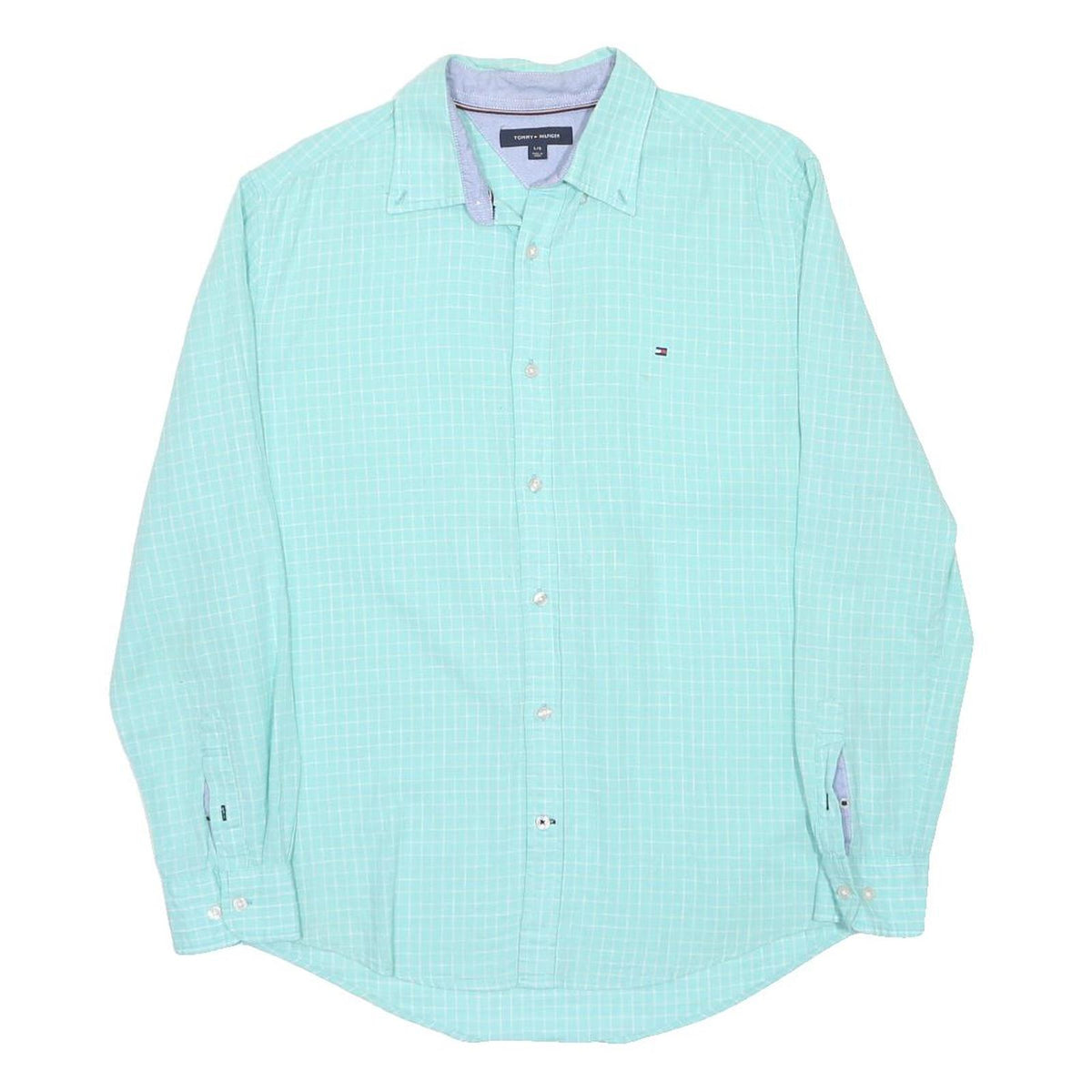 TOMMY HILFIGER Mens Blue Checked Shirt L Classic Cotton Long Sleeve Button