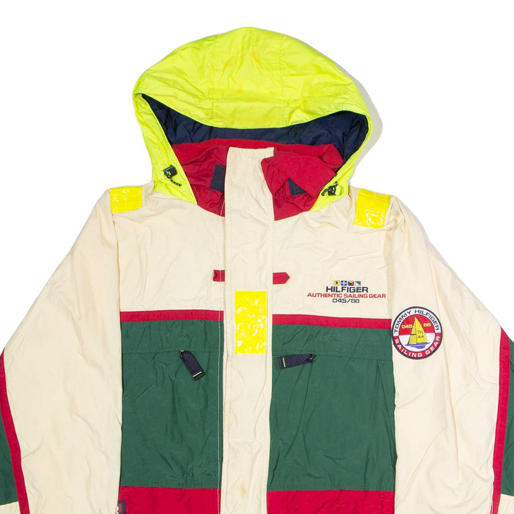 TOMMY HILFIGER Sailing Gear Mens Coat Cream 90s Hooded Colourblock 2XL