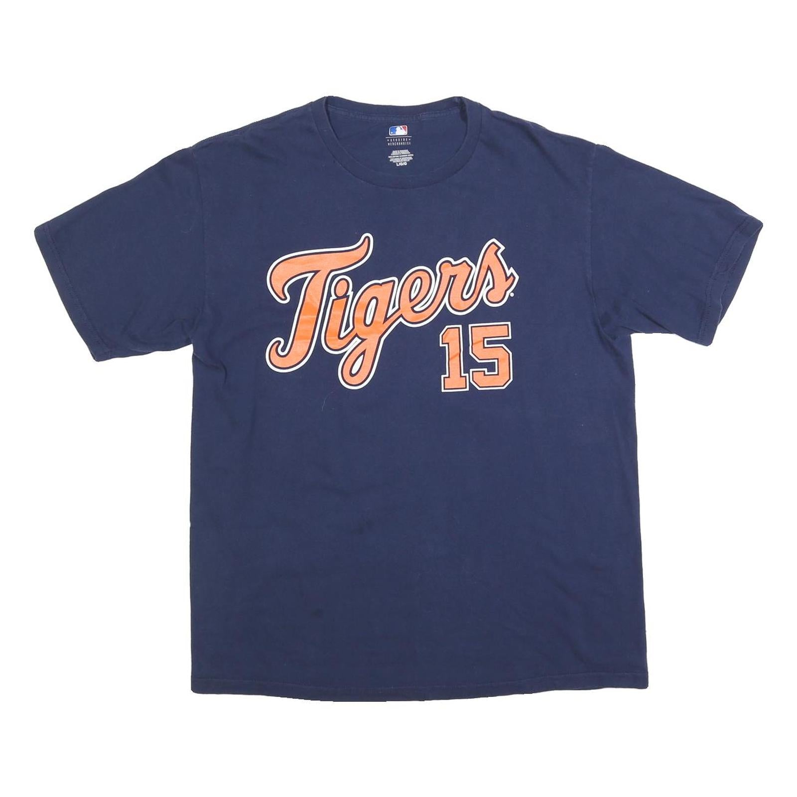 MLB Mens Blue Tigers 15 Graphic T-Shirt L Short Sleeve Crew Neck Cotton Blend
