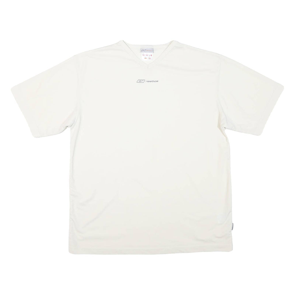 REEBOK Mens White V-Neck Modern T-Shirt M Short Sleeve Polyester Lightweight