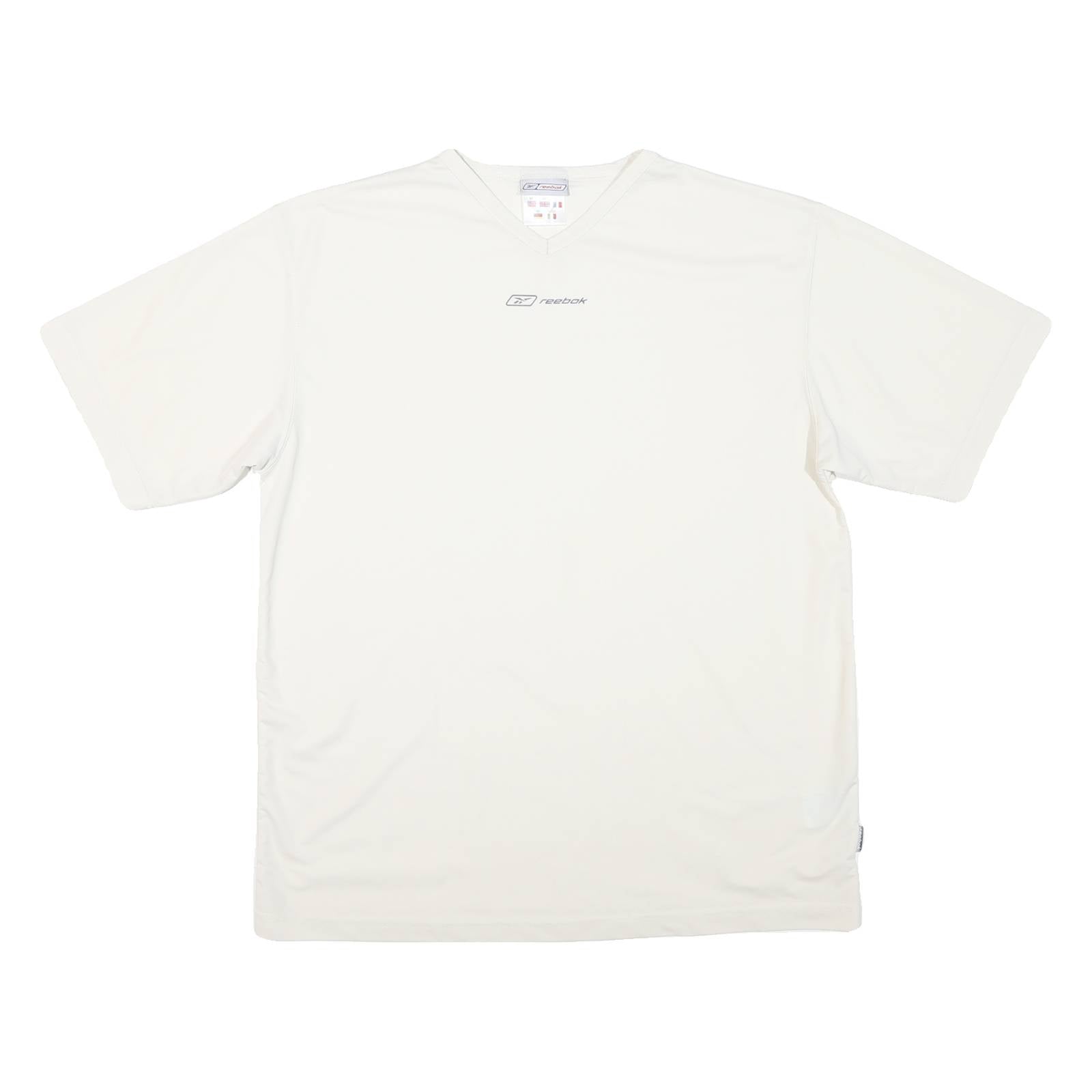 REEBOK Mens White V-Neck Modern T-Shirt M Short Sleeve Polyester Lightweight