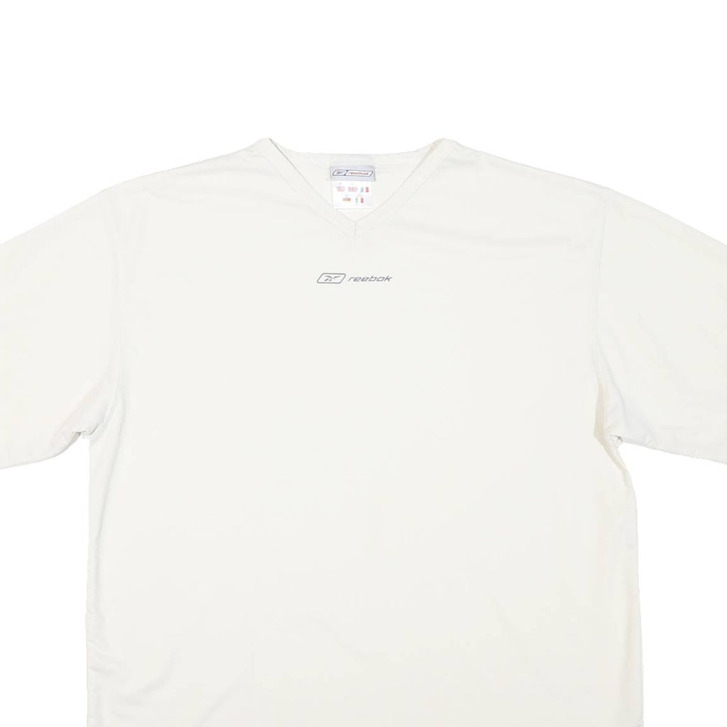 REEBOK Mens White V-Neck Modern T-Shirt M Short Sleeve Polyester Lightweight
