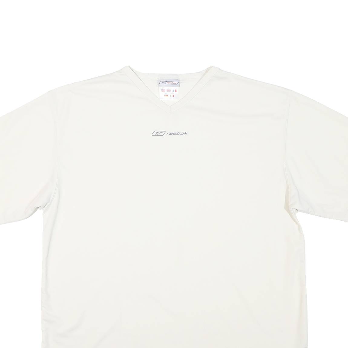 REEBOK Mens White V-Neck Modern T-Shirt M Short Sleeve Polyester Lightweight