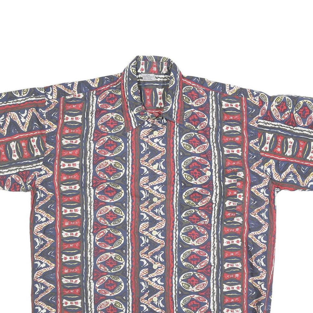 Mens Blue Red Pattern Cotton Short Sleeve Shirt L Casual Summer