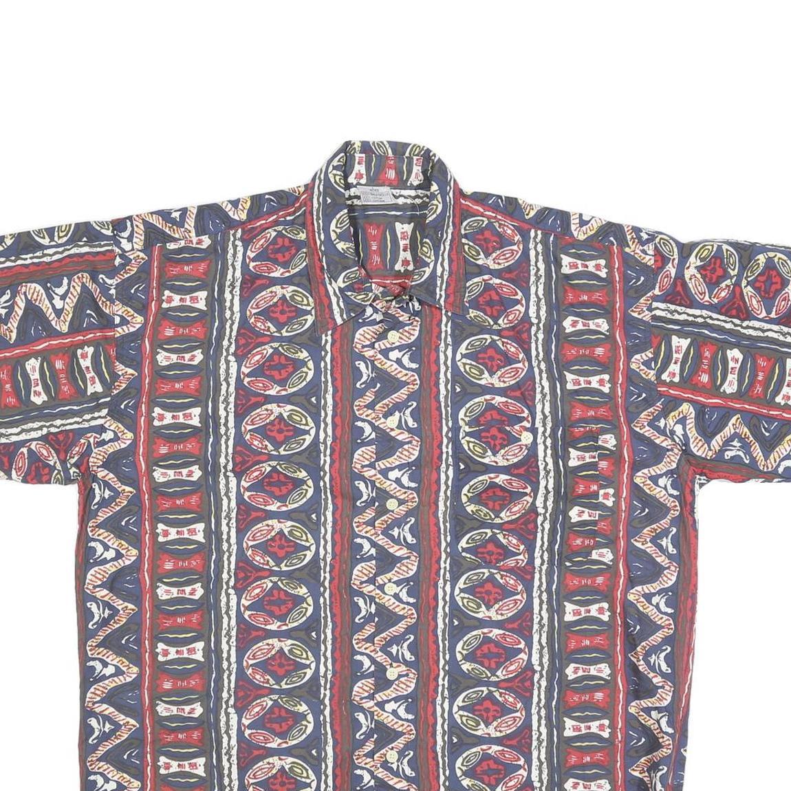 Mens Blue Red Pattern Cotton Short Sleeve Shirt L Casual Summer