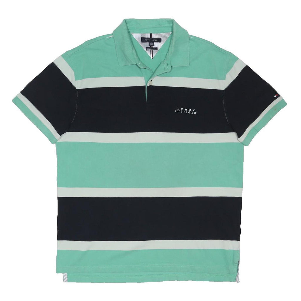 TOMMY HILFIGER Mens Green & Black Striped Short Sleeve Polo Shirt XL Cotton