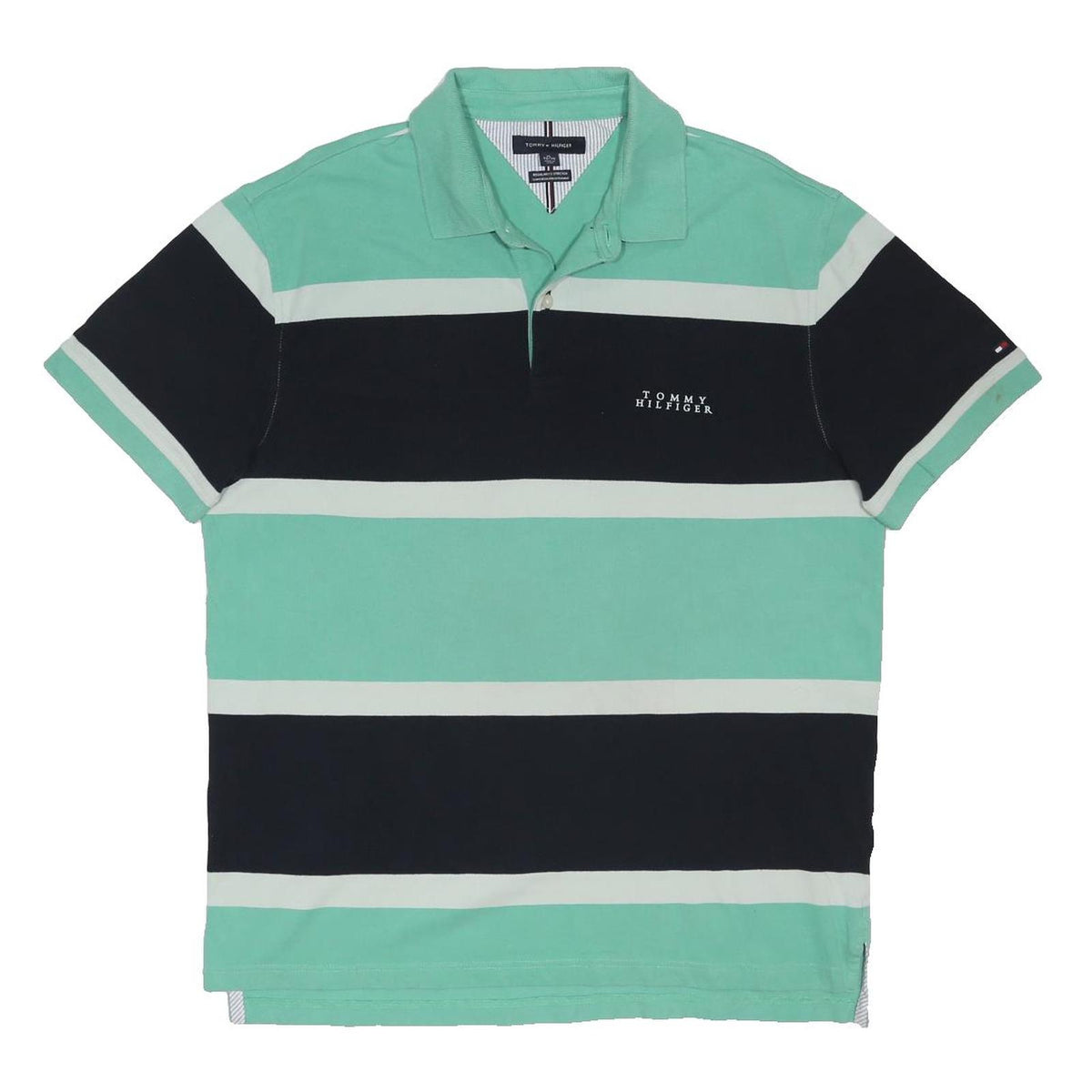 TOMMY HILFIGER Mens Green & Black Striped Short Sleeve Polo Shirt XL Cotton