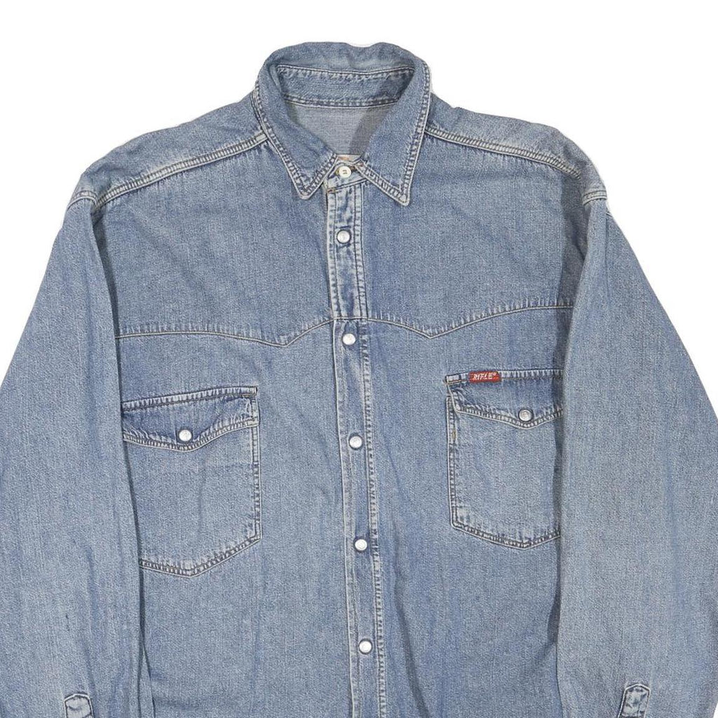 RIFLE Mens Blue Denim Shirt M Long Sleeve Button Front Casual Cotton Blend