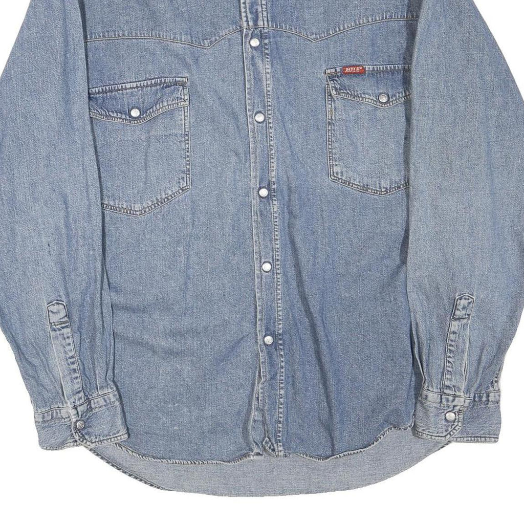 RIFLE Mens Blue Denim Shirt M Long Sleeve Button Front Casual Cotton Blend
