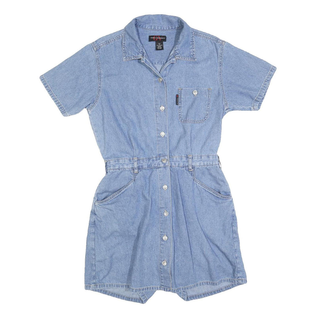GLORIA VANDERBLIT Womens Blue Denim Playsuit Short Sleeve Button Front M Casual