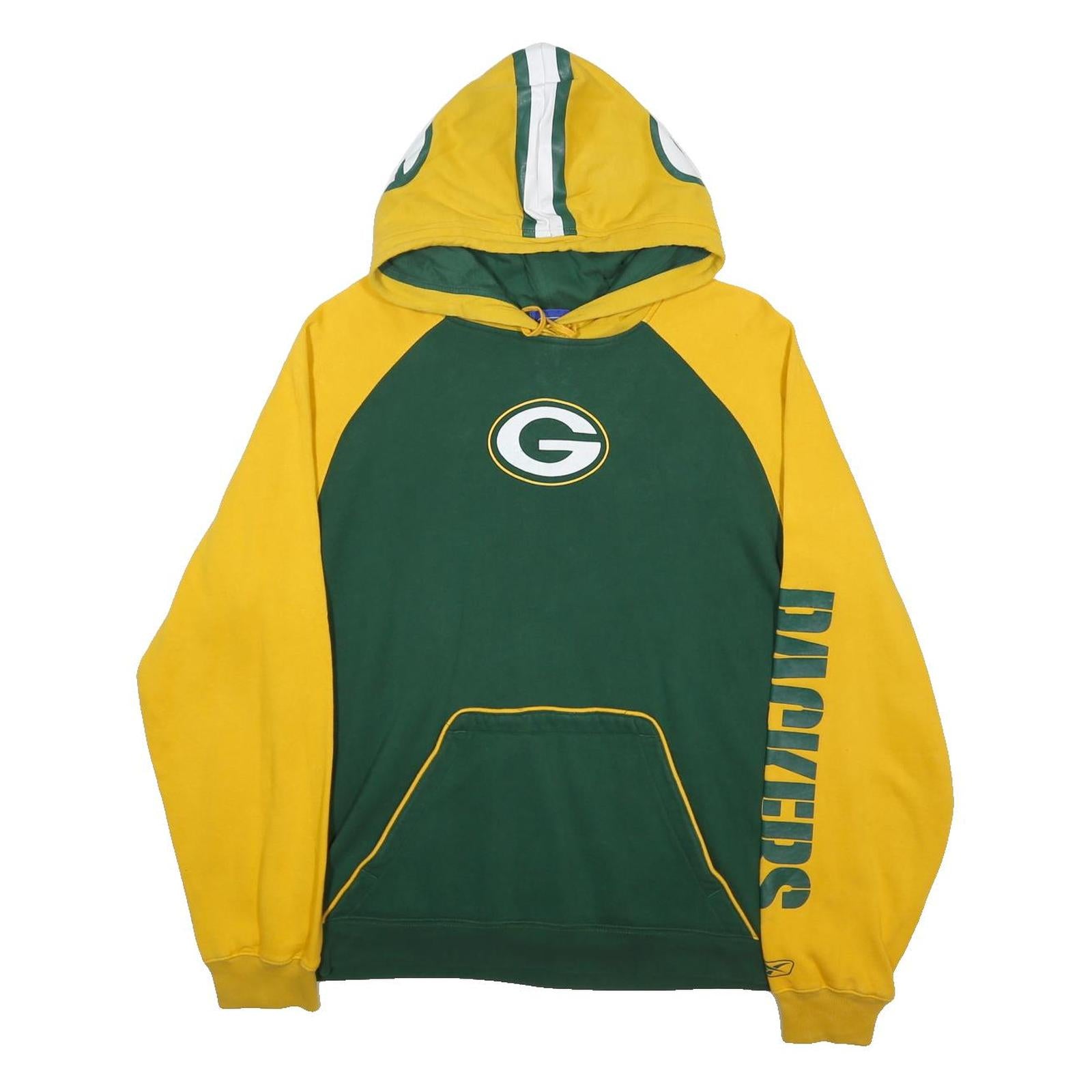 REEBOK Mens Green & Yellow Green Bay Packers Pullover Hoodie L Official