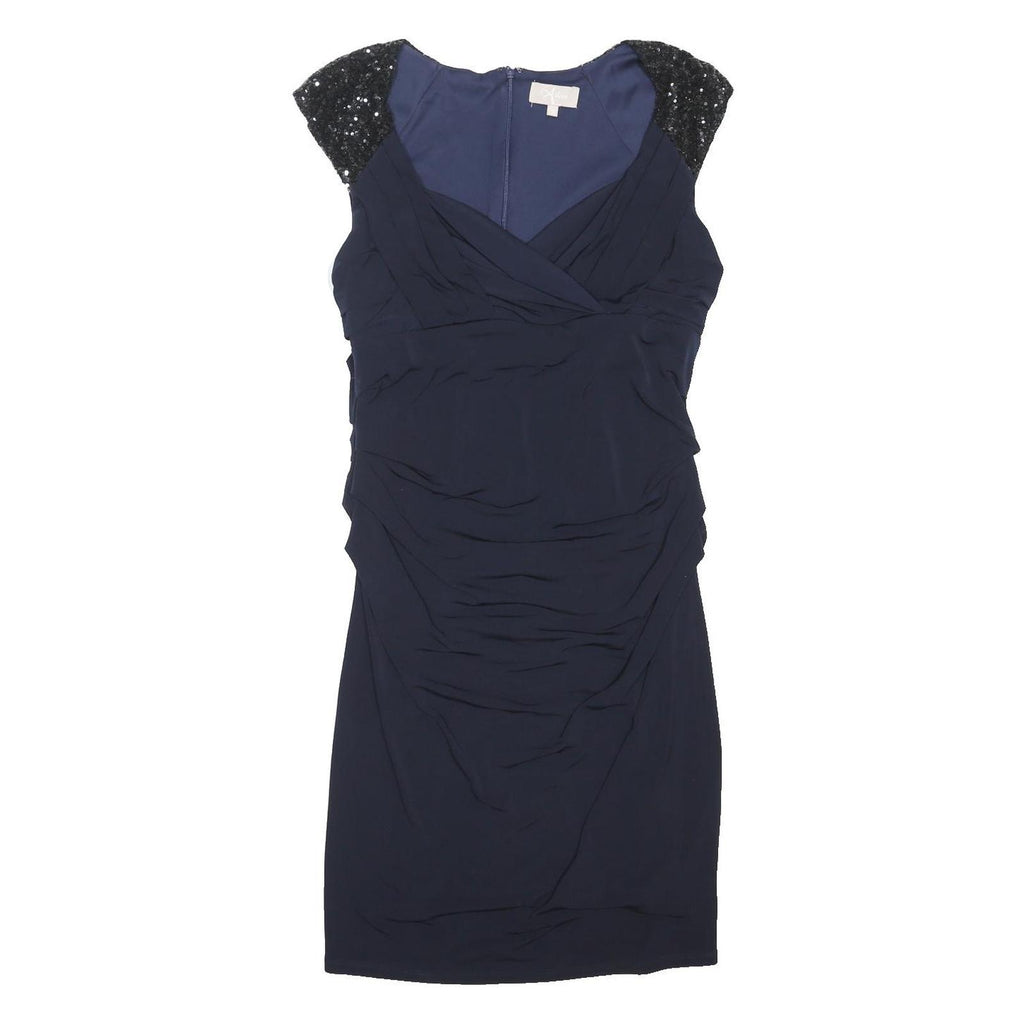 A DRESS Womens Navy Blue Bodycon Woven Plain Sleeveless Knee Length UK 16
