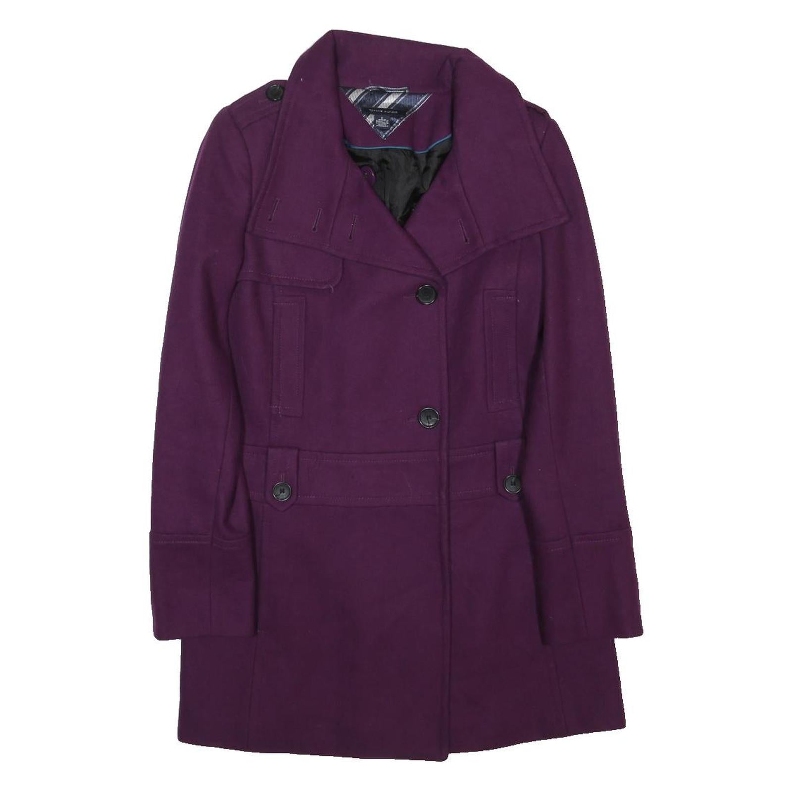 TOMMY HILFIGER Womens Purple Coat S Polyester Blend Plain Button Closure Elegant