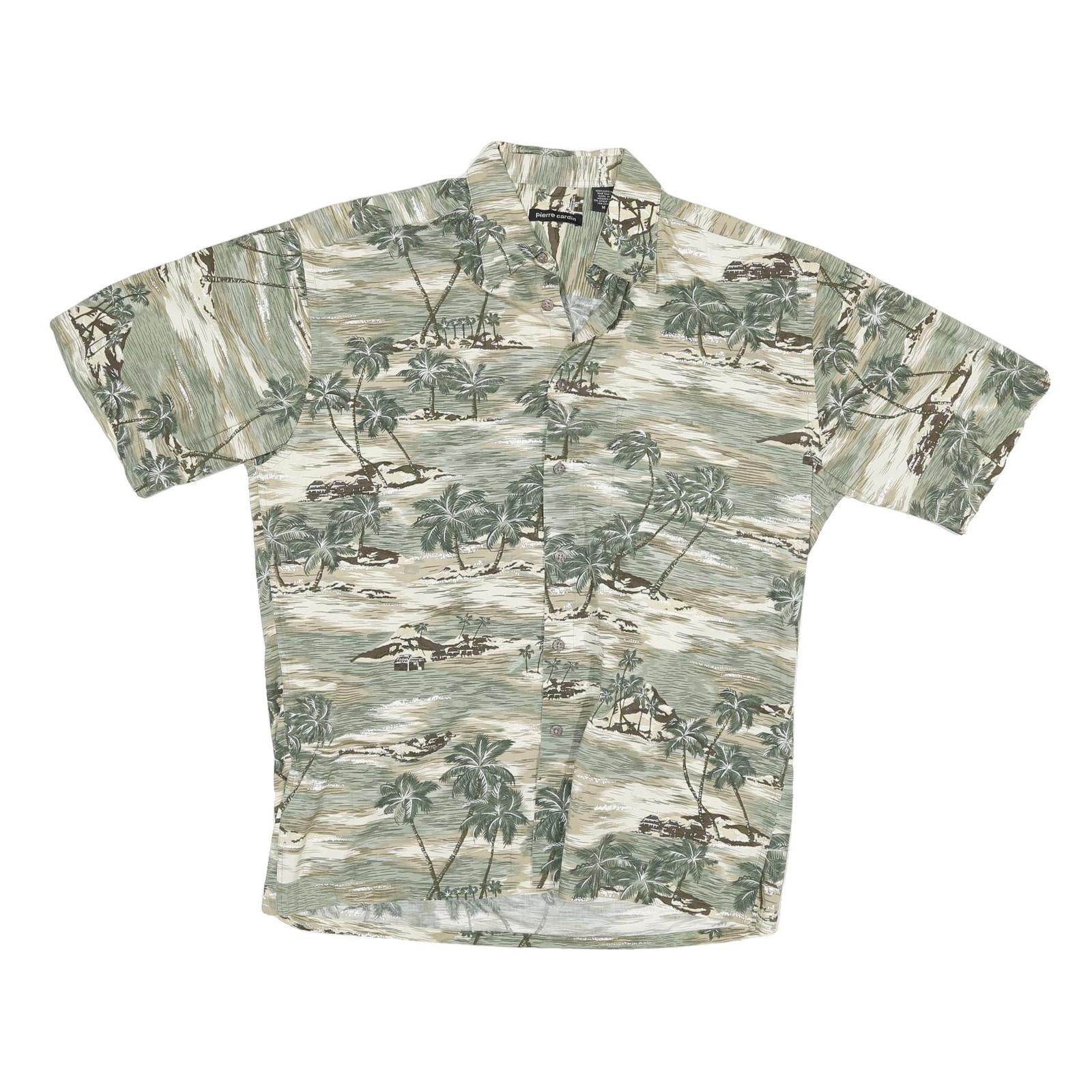 PIERRE CARDIN Mens Beige & Green Tropical Print Cotton Shirt M Casual Summer