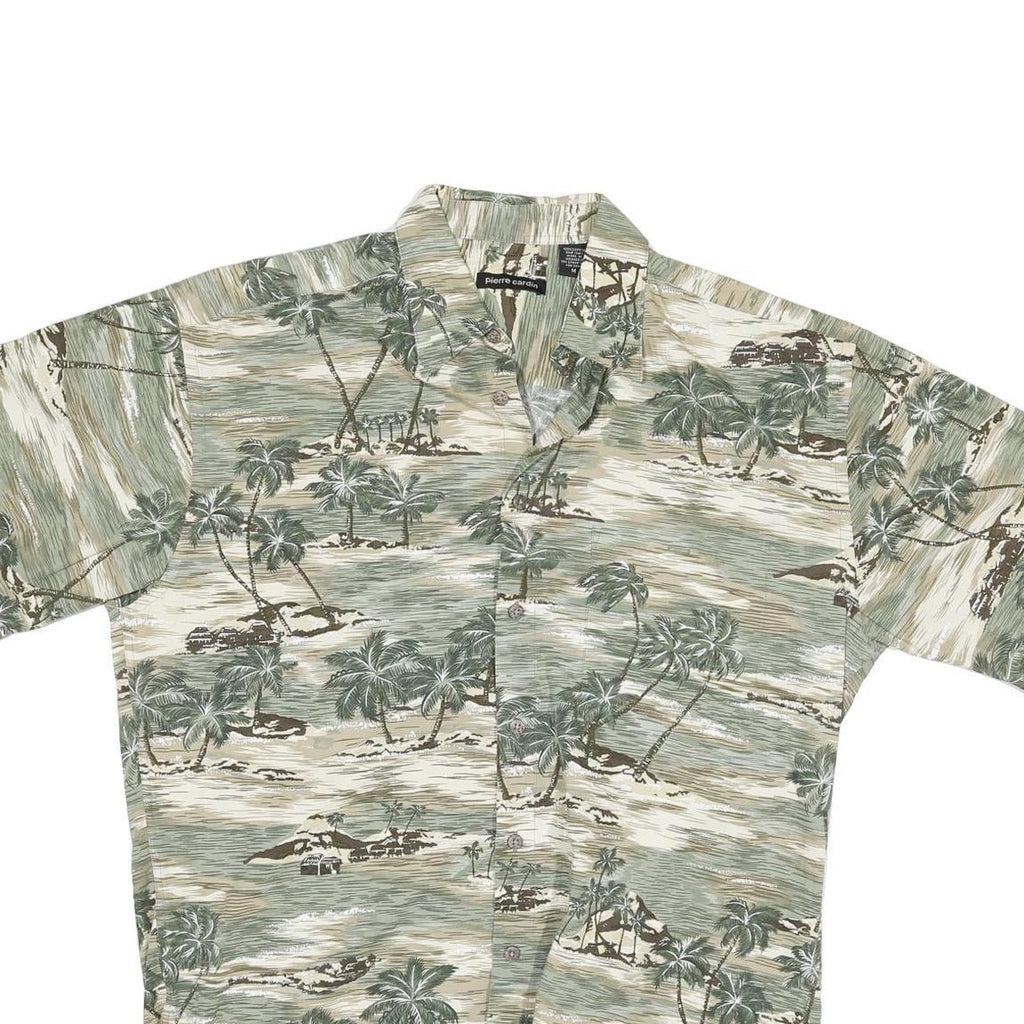 PIERRE CARDIN Mens Beige & Green Tropical Print Cotton Shirt M Casual Summer