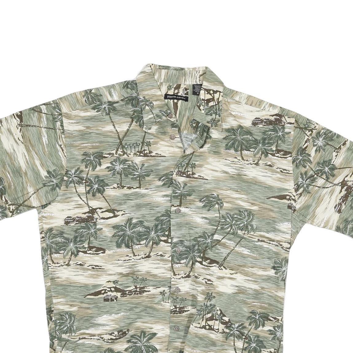 PIERRE CARDIN Mens Beige & Green Tropical Print Cotton Shirt M Casual Summer