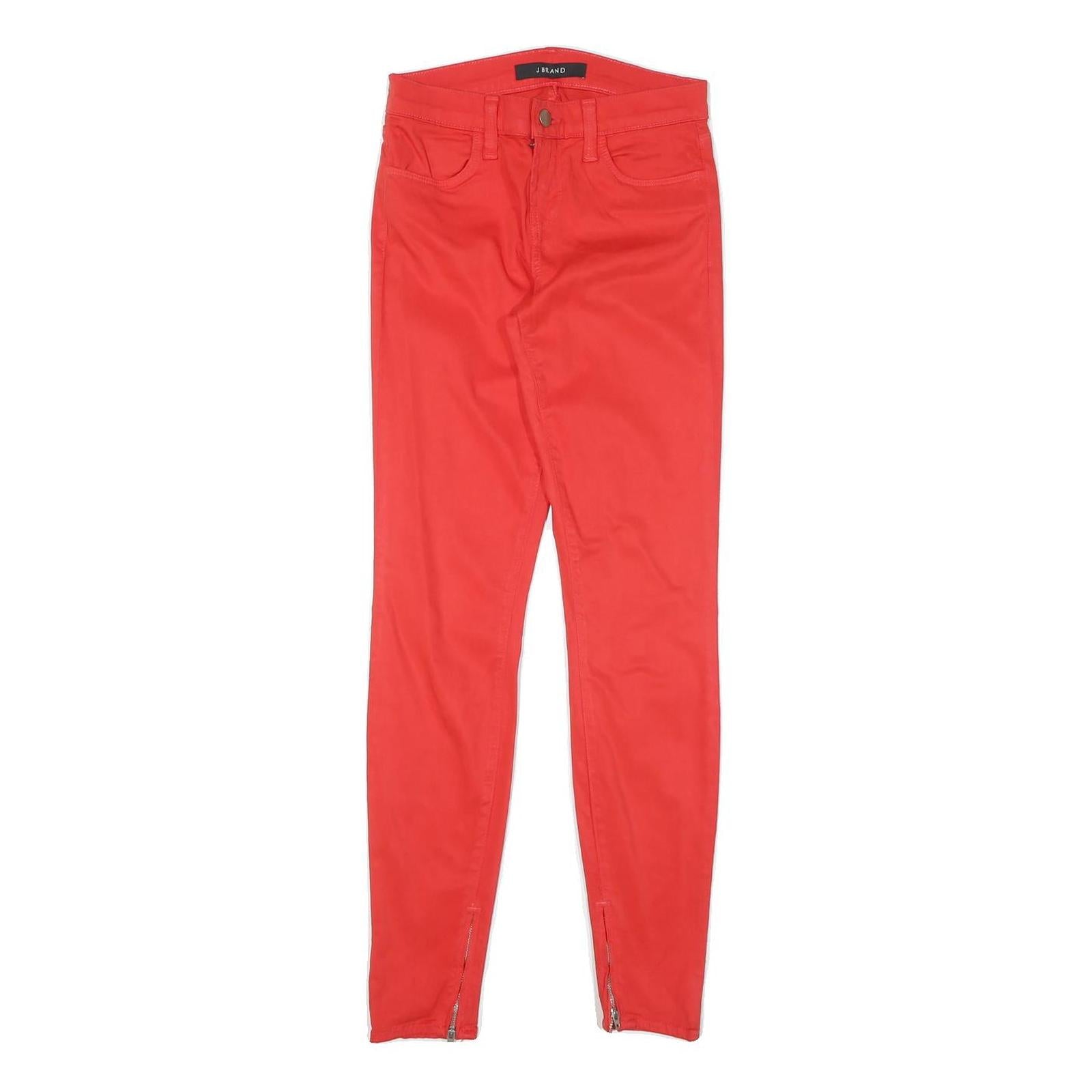 Womens Cotton Red Slim Skinny Trousers W24 L28 Slim Fit Zip Closure