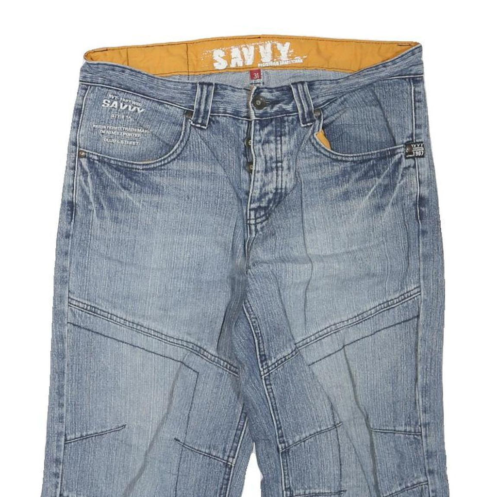 SAVVY Mens Cotton Blend Blue Denim Casual Shorts M W31 Stylish Stitch Detail