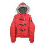 SUPERDRY Womens Red Hooded Puffer Jacket S Polyester Blend Zip Faux Fur Trim