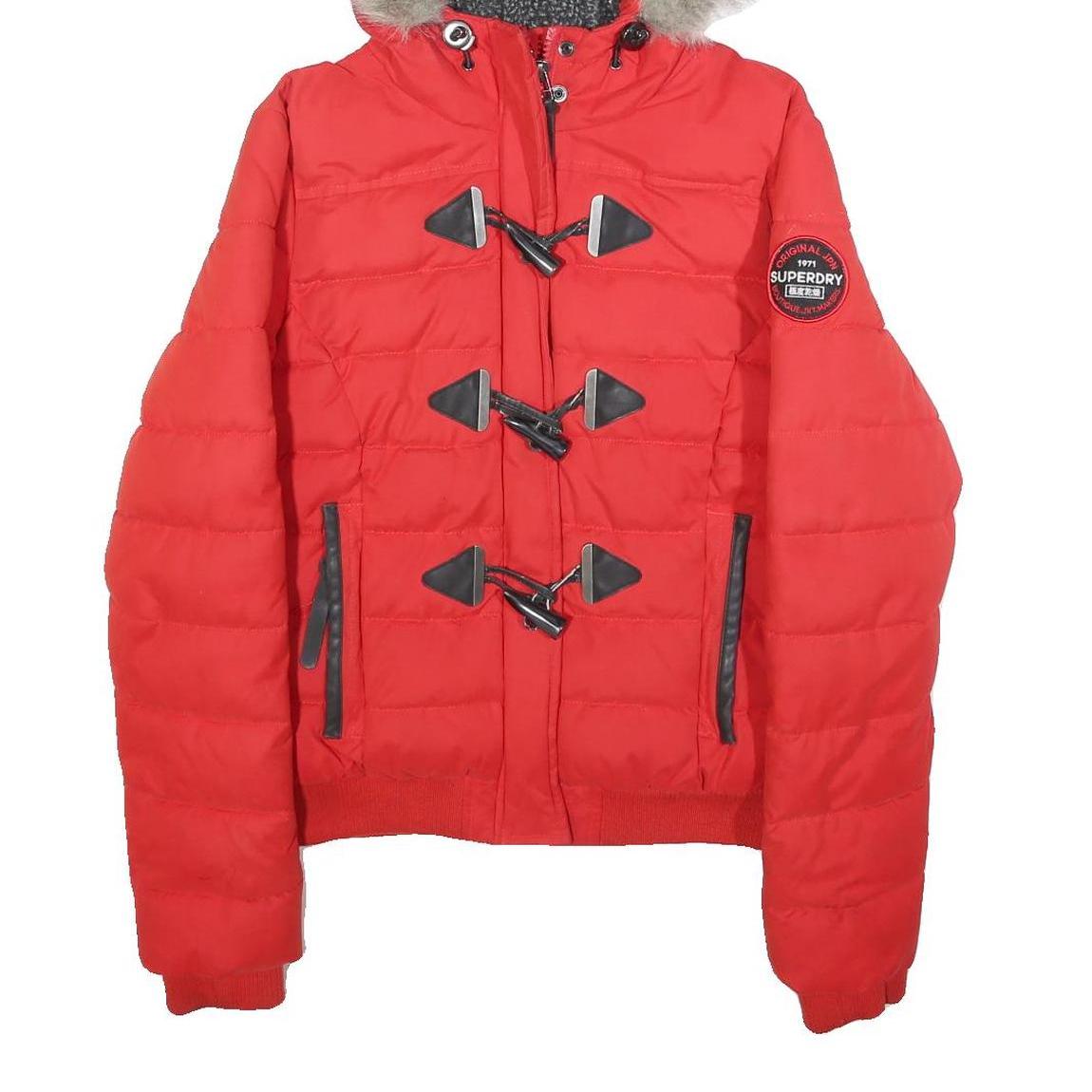 SUPERDRY Womens Red Hooded Puffer Jacket S Polyester Blend Zip Faux Fur Trim