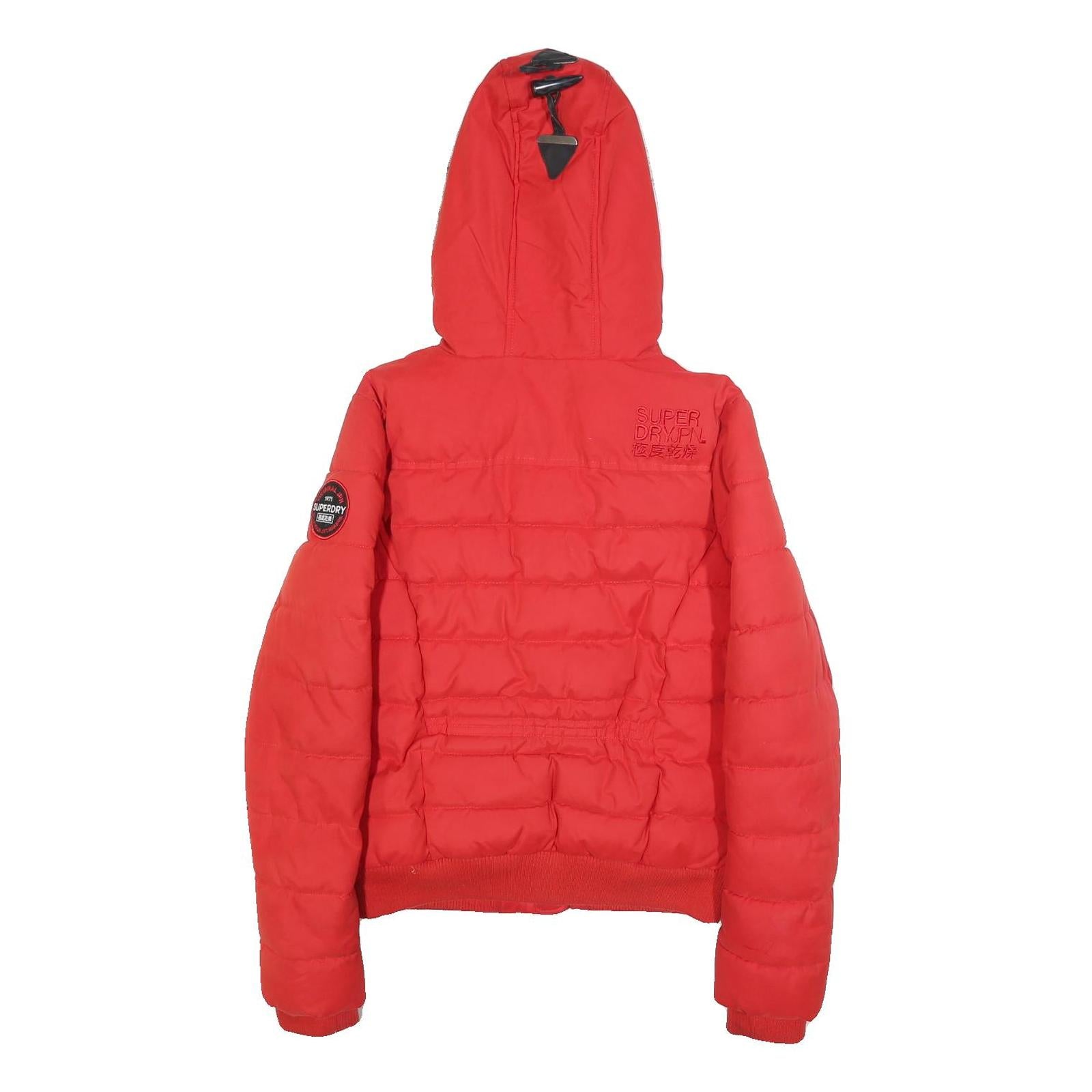 SUPERDRY Womens Red Hooded Puffer Jacket S Polyester Blend Zip Faux Fur Trim