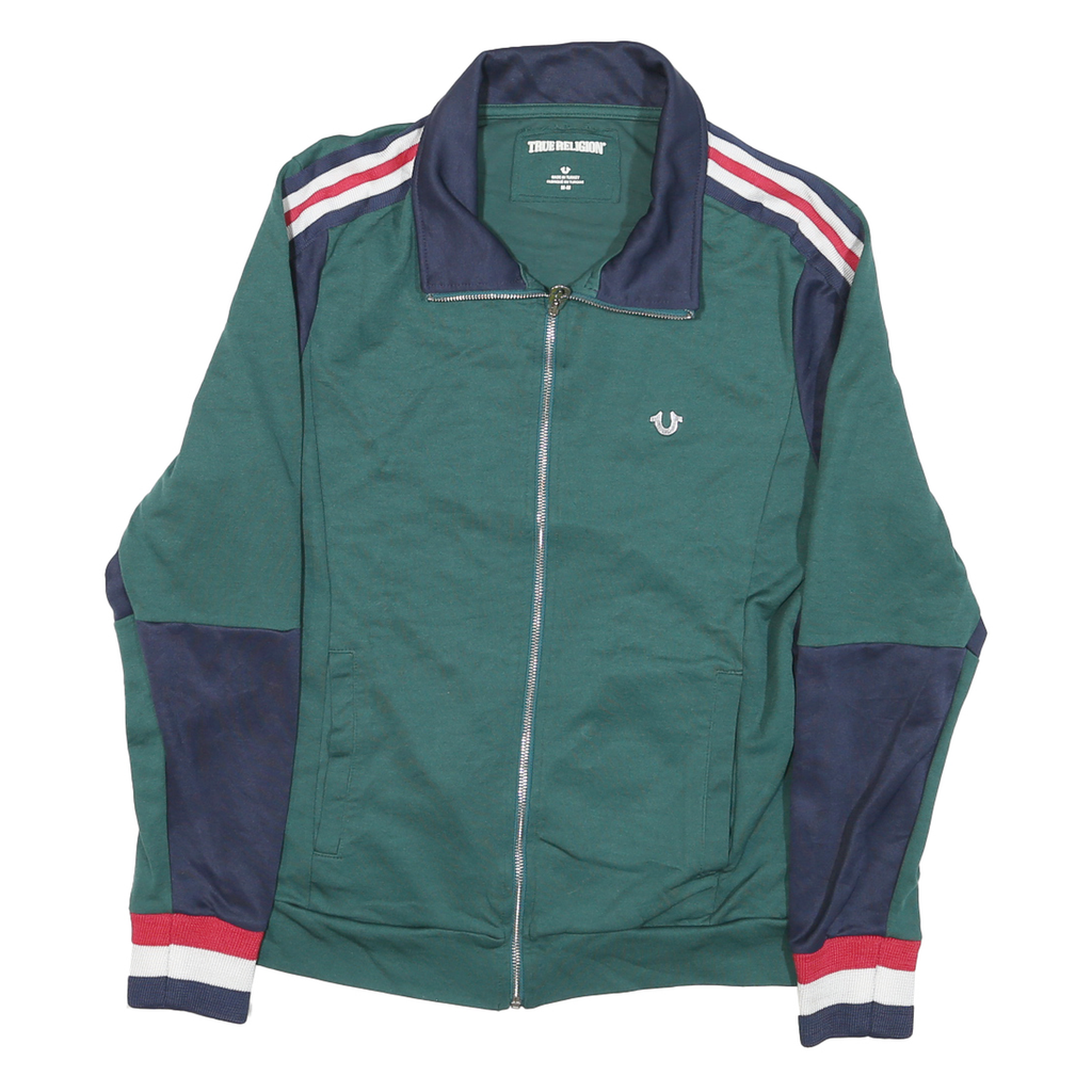 TRUE RELIGION Mens Green & Navy Zip Jacket M Cotton Blend Track Style