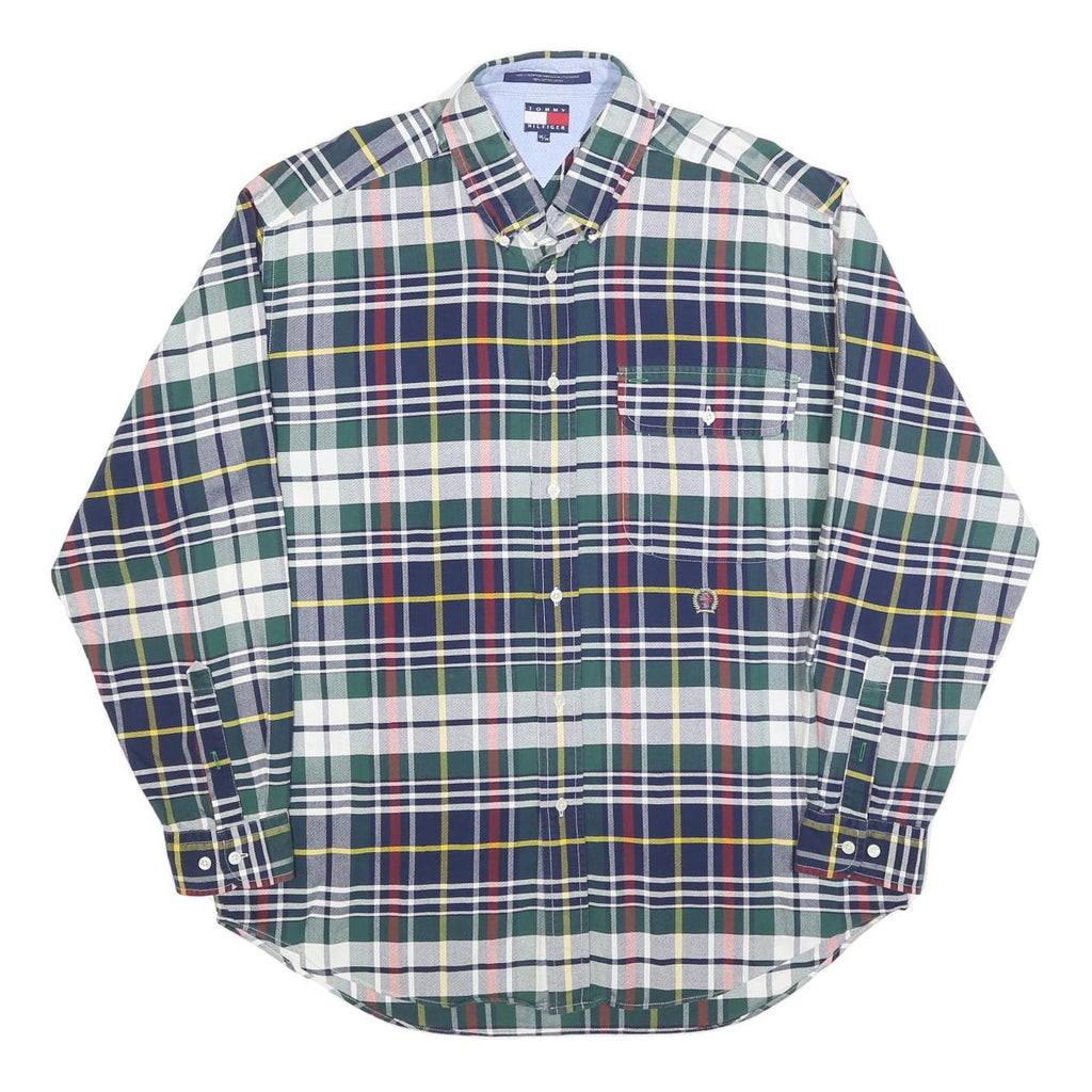 TOMMY HILFIGER Mens Green & Navy Check Shirt M Button Down Long Sleeve Cotton