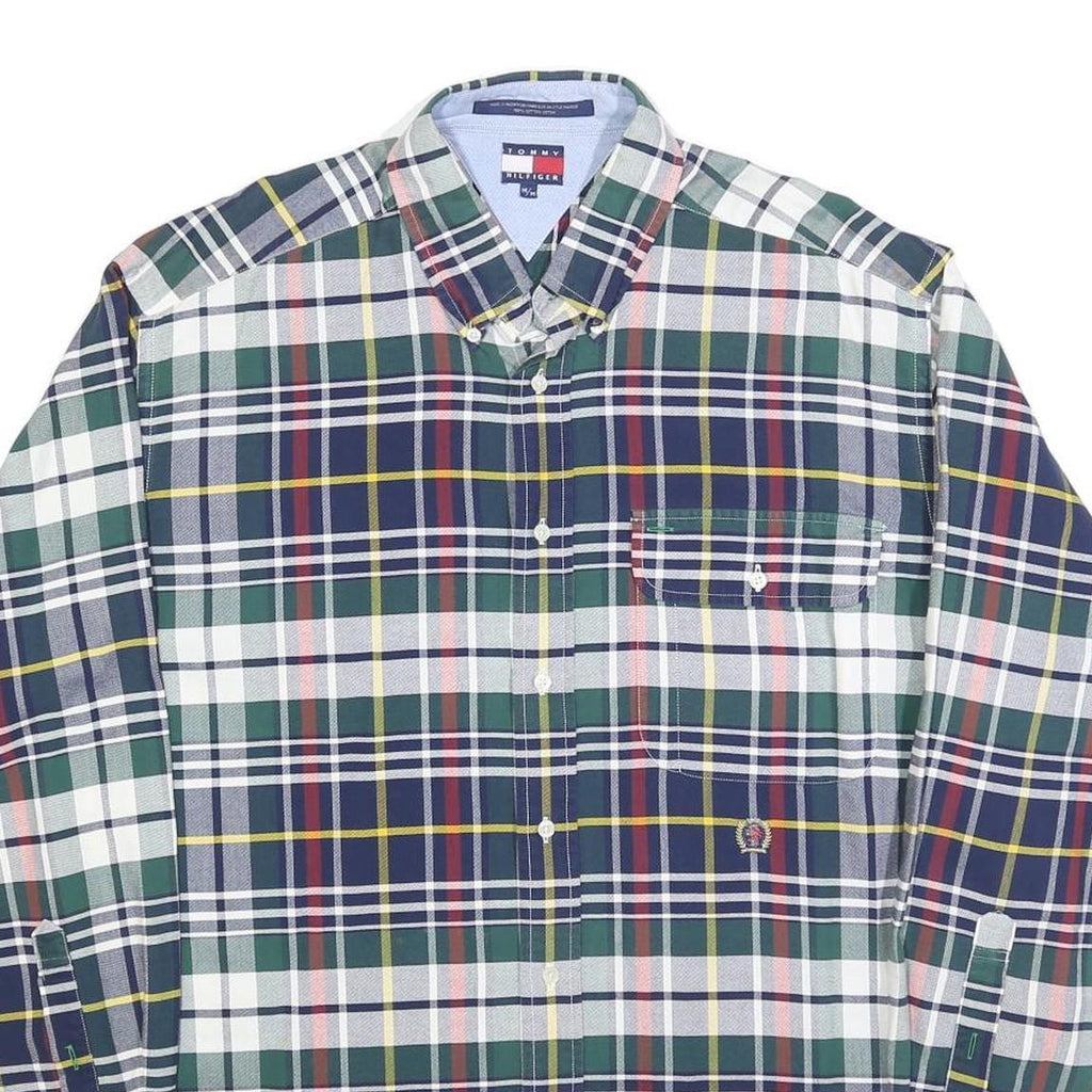 TOMMY HILFIGER Mens Green & Navy Check Shirt M Button Down Long Sleeve Cotton
