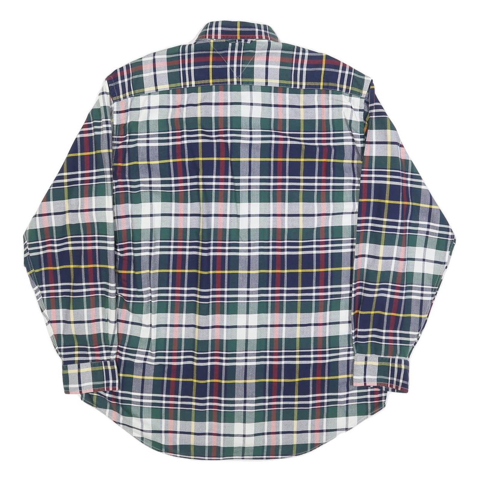 TOMMY HILFIGER Mens Green & Navy Check Shirt M Button Down Long Sleeve Cotton