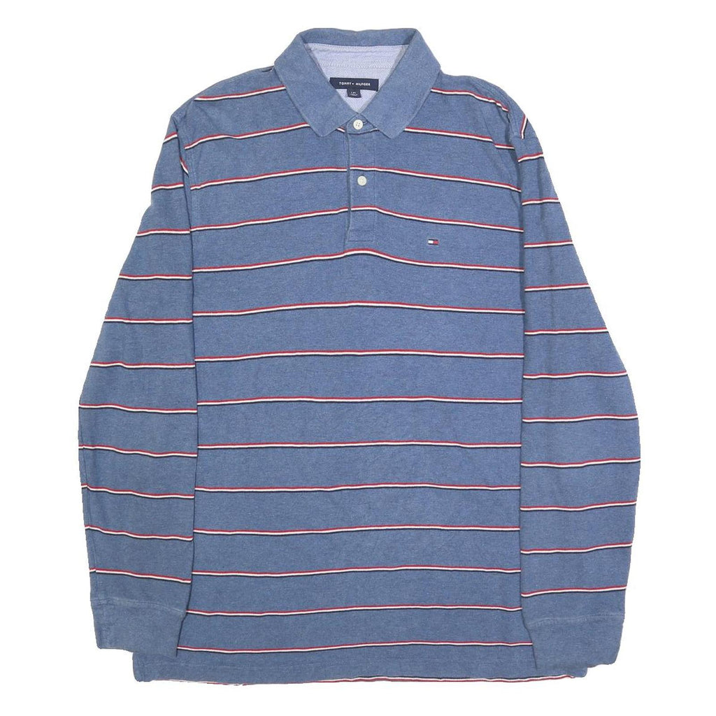 TOMMY HILFIGER Mens Blue & Red Striped Long Sleeve Polo Shirt L Cotton Blend