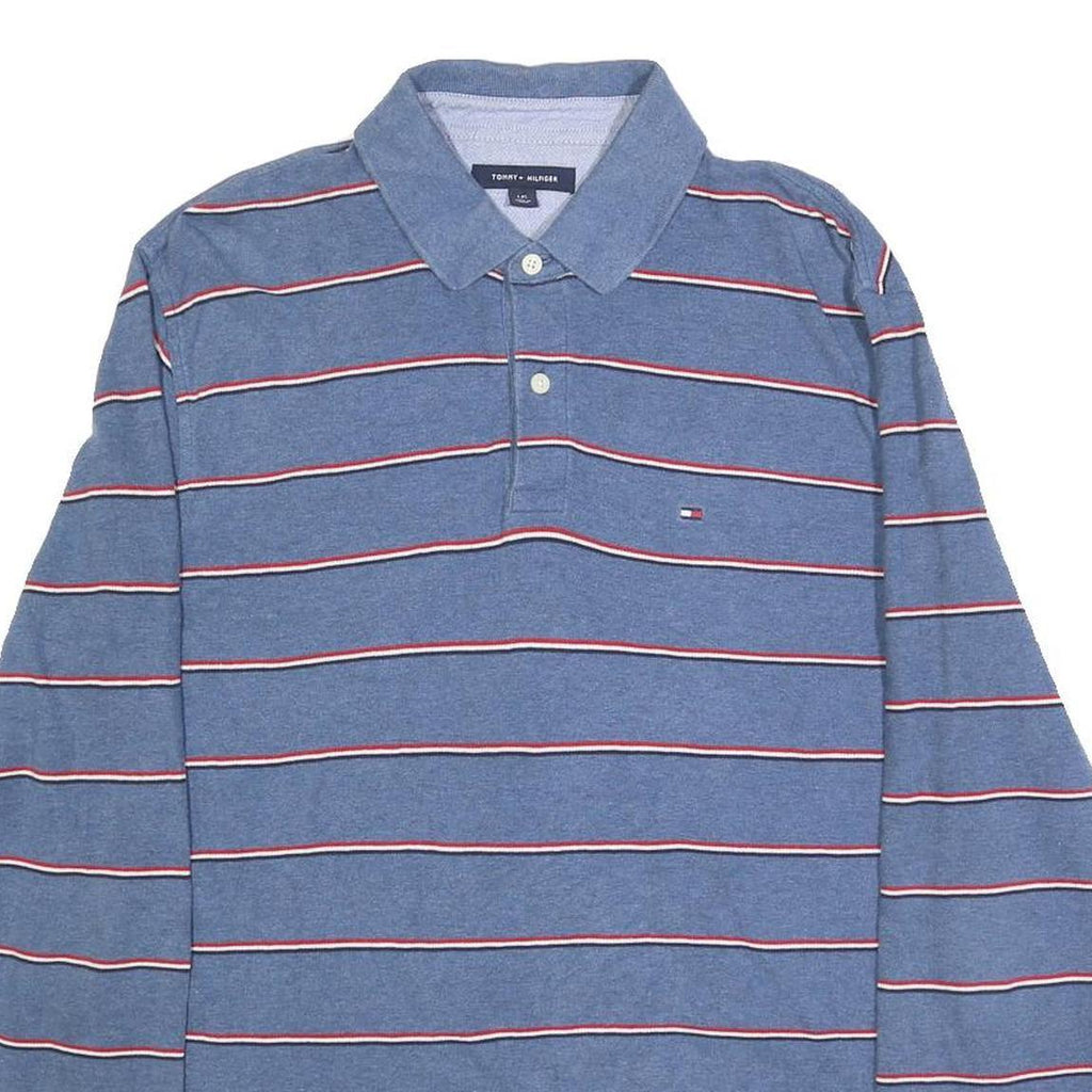 TOMMY HILFIGER Mens Blue & Red Striped Long Sleeve Polo Shirt L Cotton Blend
