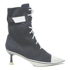 CHARLES & KEITH Womens Lace-Up Kitten Heel Boots Black & White Canvas UK 4