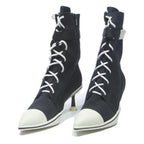 CHARLES & KEITH Womens Lace-Up Kitten Heel Boots Black & White Canvas UK 4