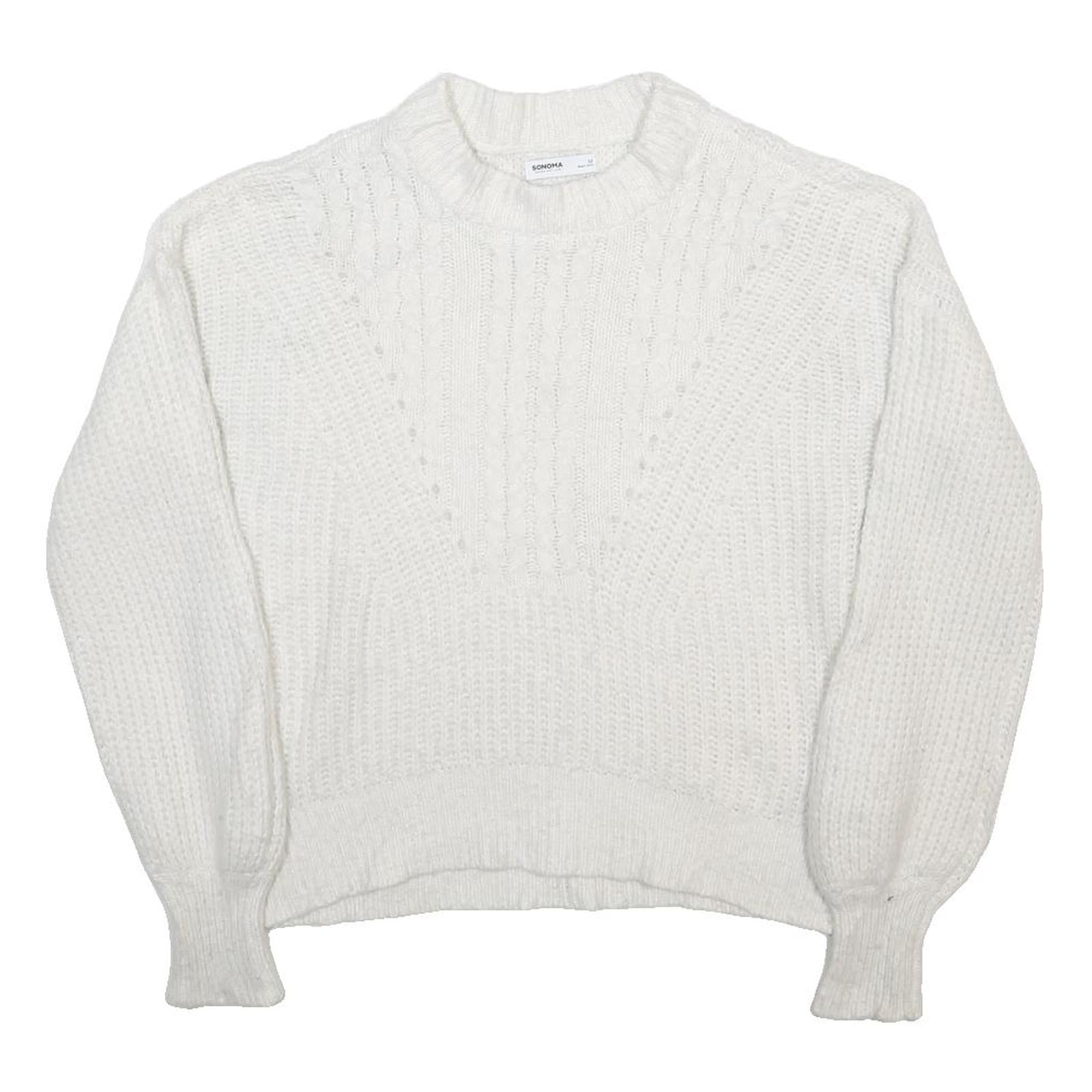 SONOMA Womens White Patterned Plain Crew Neck Chunky Knit Jumper M Soft Warm