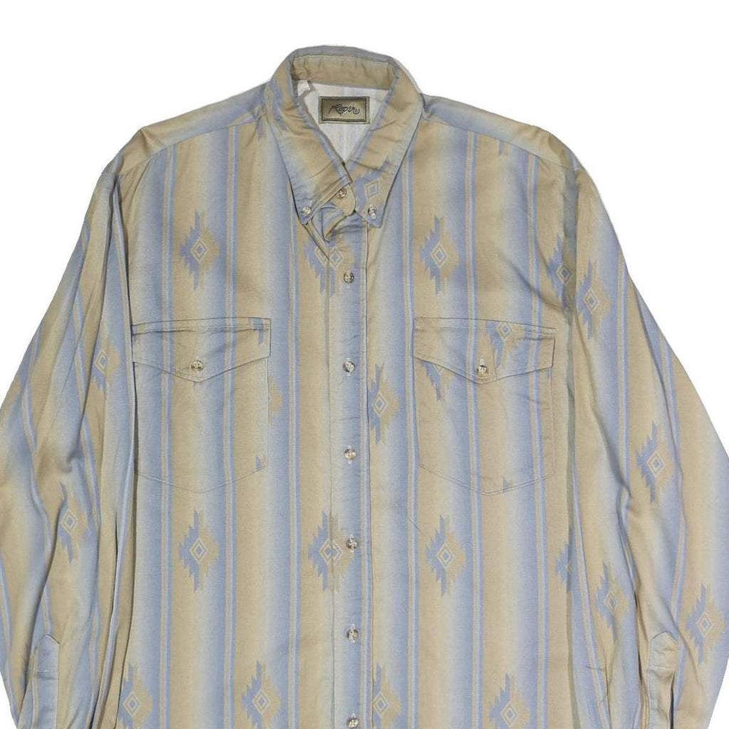 ROPER Mens Beige & Blue Pattern Shirt L Western Cotton Button Casual Long Sleeve