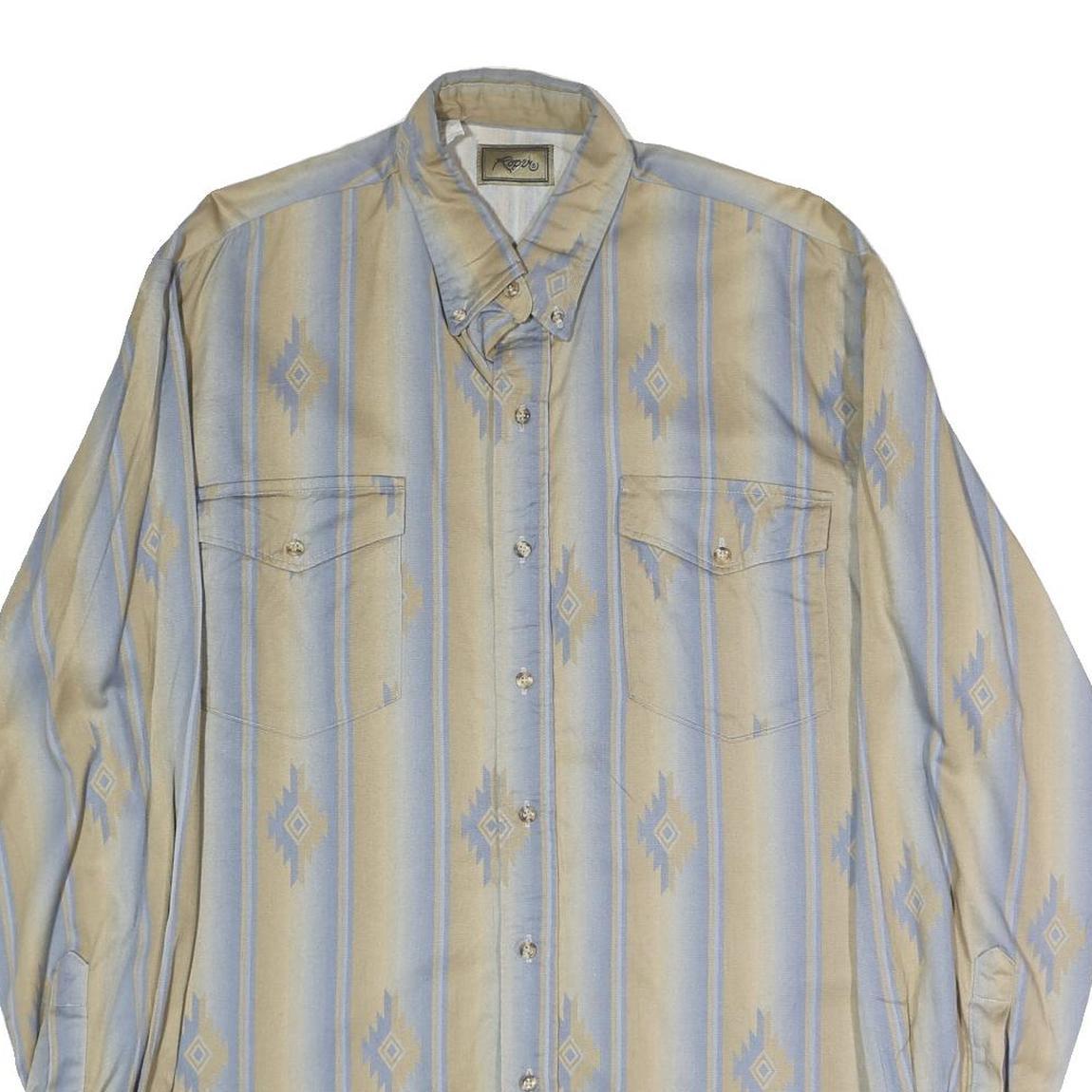 ROPER Mens Beige & Blue Pattern Shirt L Western Cotton Button Casual Long Sleeve