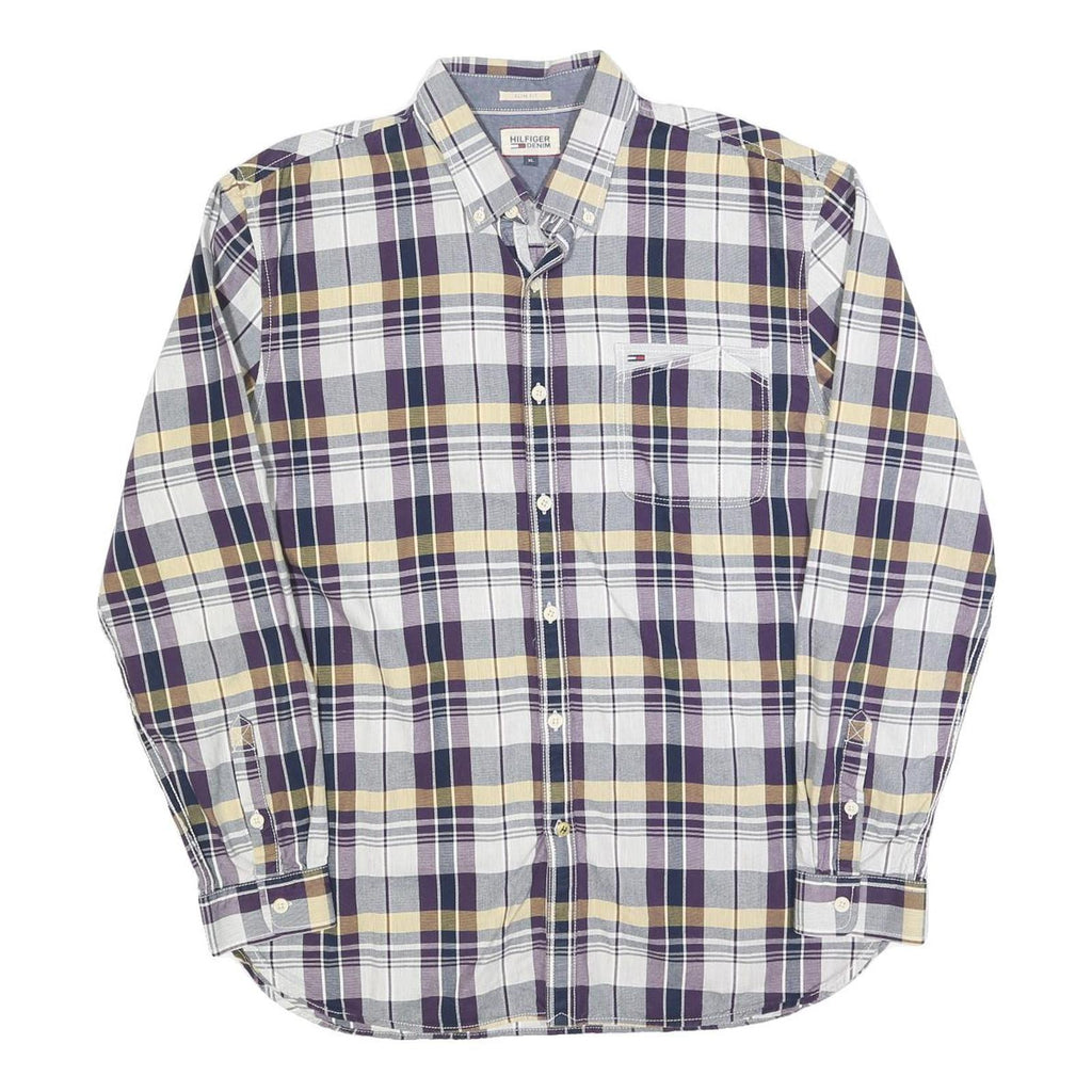 TOMMY HILFIGER Mens Blue Beige Check Shirt XL Classic Button-Down Long Sleeve