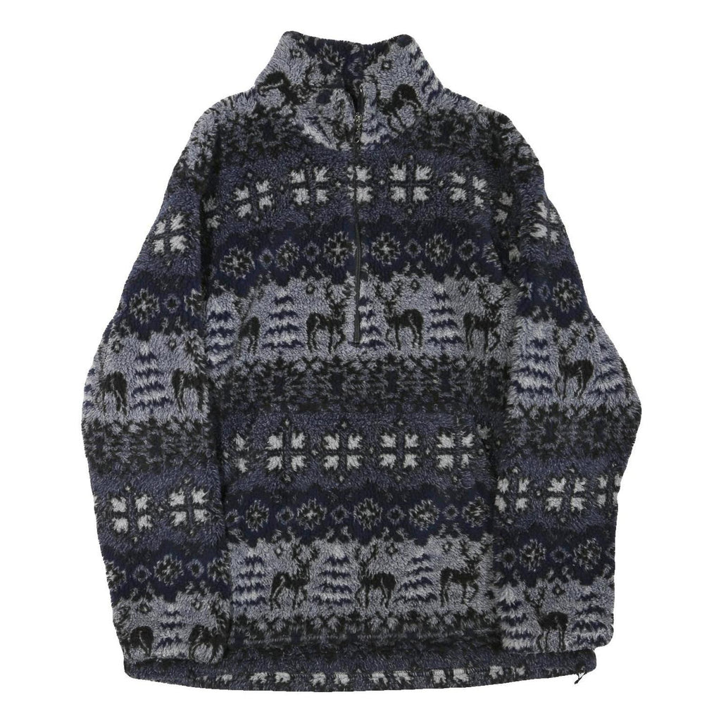 WOOLRICH Mens Blue Black Zip Jacket L Polyester Blend Patterned Fleece Winter